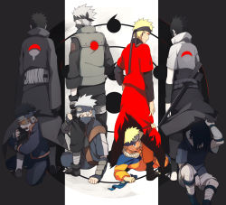 Rule 34 | 4boys, age difference, back, black hair, blonde hair, clothes grab, crest, dual persona, emblem, family crest, forehead protector, goggles, half mask, hatake kakashi, headband, male focus, mask, multiple boys, multiple persona, naruto (series), naruto shippuuden, oba-min, silver hair, spiked hair, uchiha obito, uchiha sasuke, uzumaki naruto, uzumaki naruto (sennin mode)