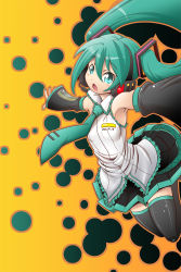 Rule 34 | 1girl, armpits, detached sleeves, green eyes, green hair, hatsune miku, headset, highres, jumping, kangakuraku12, long hair, matching hair/eyes, necktie, open mouth, outstretched arms, skirt, solo, spread arms, thighhighs, twintails, vocaloid