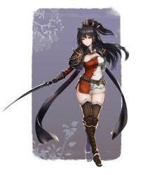 Rule 34 | 1girl, belt, black footwear, black gloves, black hair, boots, brown eyes, brown thighhighs, caravan stories, dargo, earrings, full body, gloves, grey background, hair ornament, highres, holding, holding sword, holding weapon, jewelry, long hair, looking at viewer, parted lips, solo, standing, sword, thighhighs, weapon
