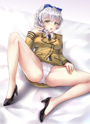 Rule 34 | 1girl, :d, blazer, blue bow, blush, bow, breasts, full metal panic!, grey eyes, hair bow, hand up, high heels, jacket, looking at viewer, lying, medium breasts, necktie, on back, open mouth, panties, pantyshot, silver hair, smile, solo, spread legs, teletha testarossa, thighs, underwear, uniform, white panties, yuemanhuaikong