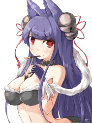 Rule 34 | 10s, 1girl, animal ears, bell, blush, breasts, cleavage, erune, food, fox ears, gloves, granblue fantasy, hair bell, hair ornament, jingle bell, kuro (be ok), large breasts, long hair, looking at viewer, mouth hold, navel, pocky, purple hair, red eyes, smile, solo, very long hair, yuel (granblue fantasy)