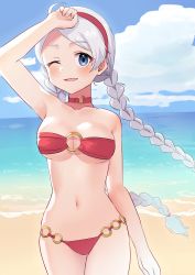 Rule 34 | 1girl, absurdres, ahoge, alternate costume, arm up, bare shoulders, beach, bikini, blue eyes, braid, breasts, choker, cloud, cloudy sky, commission, commissioner upload, fire emblem, fire emblem fates, fire emblem heroes, grey hair, hairband, highres, long hair, looking at viewer, low twintails, medium breasts, navel, nina (fire emblem), nintendo, o-ring, o-ring bikini, o-ring bottom, o-ring choker, o-ring top, ocean, one eye closed, open mouth, parted bangs, red bikini, red hairband, sand, skeb commission, sky, smile, swimsuit, tnd(tenndo), twin braids, twintails, upper body