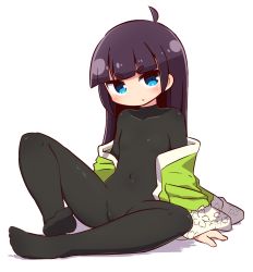 Rule 34 | 1girl, 7th dragon, 7th dragon (series), black bodysuit, blue eyes, blunt bangs, blush, bodysuit, breasts, brown hair, commentary request, covered collarbone, covered navel, full body, haori, head tilt, highres, japanese clothes, long hair, long sleeves, naga u, no shoes, off shoulder, parted lips, ran (7th dragon), samurai (7th dragon), samurai (7th dragon), shadow, short eyebrows, sitting, sleeves past wrists, small breasts, soles, solo, thick eyebrows, very long hair, white background, wide sleeves