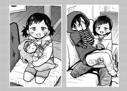 Rule 34 | 1boy, 1girl, @ @, age progression, baby, blush, boku no kokoro no yabai yatsu, brother and sister, carrying, comparison, couch, covering face, embarrassed, fang, greyscale, hands on own face, holding baby, hood, hood up, hoodie, ichikawa kana, ichikawa kyoutarou, indoors, looking at viewer, monochrome, official art, princess carry, sakurai norio, shirt, short hair, short twintails, siblings, skin fang, smile, striped clothes, striped shirt, twintails