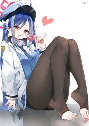Rule 34 | 1girl, absurdres, blue archive, blue hair, blue hat, blush, feet, fubuki (blue archive), hat, highres, long hair, looking at viewer, multicolored hair, open mouth, pink eyes, toeless legwear, toes, two-tone hair, yanwulazy