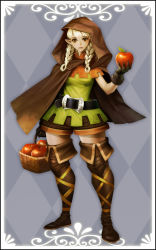 Rule 34 | 1girl, apple, belt, boots, braid, brown eyes, cloak, dragon&#039;s crown, elf, elf (dragon&#039;s crown), food, fruit, gloves, highres, hip focus, holding, holding food, holding fruit, hood, lips, pointy ears, shorts, solo, thigh boots, thighhighs, trickyagura, twin braids, vanillaware, white hair, wide hips