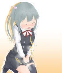 Rule 34 | 1girl, artist request, asymmetrical legwear, between legs, black dress, black socks, closed eyes, dress, drop shadow, embarrassed, female focus, gradient background, grey hair, hair ornament, hand between legs, have to pee, kantai collection, kasumi (kancolle), kneehighs, kneeling, long sleeves, looking at viewer, mismatched legwear, open mouth, own hands together, peeing, peeing self, pinafore dress, red ribbon, ribbon, shirt, side ponytail, simple background, sitting, sleeveless, sleeveless dress, socks, solo, steam, tears, text focus, thighhighs, translation request, trembling, v arms, white background, white shirt, yellow background, zettai ryouiki
