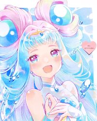 Rule 34 | 1girl, :d, air bubble, artist name, blue eyes, blue hair, bubble, clothing cutout, commentary, cure la mer, earrings, eyelash ornament, gradient hair, hands on own chest, heart, highres, jewelry, laura la mer, lilylily0601, long hair, long sleeves, looking at viewer, magical girl, multicolored eyes, multicolored hair, nail polish, open mouth, pearl hair ornament, pink eyes, pink hair, precure, shell brooch, shirt, shoulder cutout, smile, solo, tiara, tropical-rouge! precure, twitter username, two-tone hair, water, white shirt