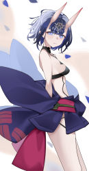 Rule 34 | 1girl, absurdres, bare shoulders, bob cut, breasts, eyeliner, fate/grand order, fate (series), headpiece, highres, horns, japanese clothes, kimono, long sleeves, looking at viewer, makeup, obi, off shoulder, oni, purple eyes, purple hair, purple kimono, revealing clothes, san (harutuki 3), sash, short hair, short kimono, shuten douji (fate), skin-covered horns, small breasts, solo, thighs, wide sleeves