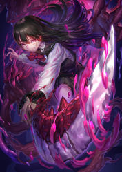 Rule 34 | 1girl, aiming, aiming at viewer, black dress, black hair, blood, blue background, blunt bangs, bone, chainsaw man, collared shirt, commentary, dress, facial scar, feet out of frame, fighting stance, floating hair, foreshortening, gamazou, glowing, glowing sword, glowing weapon, highres, holding, holding bone, holding sword, holding weapon, long hair, long sleeves, looking at viewer, neck ribbon, organs, pinafore dress, red eyes, ribbon, scar, scar on cheek, scar on face, school uniform, severed head, shirt, sleeveless, sleeveless dress, smile, solo, spine, sword, tanaka (chainsaw man), weapon, white shirt, yoru (chainsaw man)