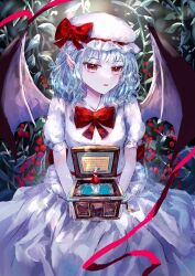 Rule 34 | ascot, bat wings, blue hair, box, brooch, gift, gift box, hat, hat ribbon, highres, jewelry, mob cap, music box, nature, pink hat, plant, red ascot, red eyes, remilia scarlet, ribbon, short hair, suzushina, touhou, wings