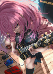 Rule 34 | 1girl, black nails, black skirt, black socks, blue eyes, blue skirt, bocchi the rock!, breasts, closed mouth, commentary request, day, eyebrows hidden by hair, eyelashes, foreshortening, from above, gotoh hitori, guitar, hair between eyes, hair spread out, highres, holding, holding instrument, holding plectrum, instrument, jacket, large breasts, lips, long hair, long sleeves, looking at viewer, looking up, miniskirt, music, nail polish, noir (nowaru), nose, open clothes, open jacket, paid reward available, pink hair, pink jacket, playing instrument, pleated skirt, plectrum, profile, serious, skirt, socks, solo, speaker, standing