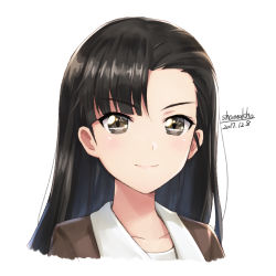 Rule 34 | 10s, 1girl, artist name, asymmetrical bangs, brown eyes, brown hair, brown jacket, closed mouth, cropped neck, dated, girls und panzer, jacket, long hair, looking at viewer, military, military uniform, nishi kinuyo, portrait, shamakho, shirt, signature, simple background, smile, solo, uniform, white background, white shirt