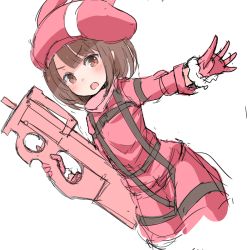 Rule 34 | 1girl, animal ears, animal hat, blush, brown eyes, brown hair, bullpup, commentary request, dutch angle, fur-trimmed gloves, fur trim, gloves, gun, hat, holding, holding gun, holding weapon, jacket, llenn (sao), long sleeves, looking at viewer, malice stella, open mouth, outstretched arm, p-chan (p90), p-chan (sao), p90, pants, personal defense weapon, pink gloves, pink hat, pink jacket, pink pants, rabbit ears, rabbit hat, short hair, simple background, sketch, solo, submachine gun, sword art online, sword art online alternative: gun gale online, v-shaped eyebrows, weapon, white background