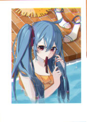 Rule 34 | 1girl, absurdres, adjusting hair, alternate eye color, blue hair, blush, hair ribbon, hatsune miku, high heels, highres, long hair, miyononon, mouth hold, partially submerged, pool, red eyes, ribbon, ribbon in mouth, shoes, solo, swimsuit, twintails, tying hair, unworn shoes, vocaloid, water