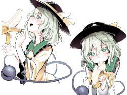 Rule 34 | 1girl, asutora, banana, black hat, blush, colored eyelashes, commentary request, cropped torso, fellatio, food, food in mouth, frilled shirt collar, frilled sleeves, frills, from side, fruit, green eyes, green hair, hands up, hat, hat ribbon, head tilt, holding, holding food, holding fruit, komeiji koishi, long sleeves, looking at viewer, looking up, multiple views, nose blush, open mouth, oral, profile, ribbon, sexually suggestive, shirt, simple background, simulated fellatio, sketch, smile, third eye, touhou, upper body, white background, wide sleeves, yellow ribbon, yellow shirt
