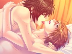 Rule 34 | 00s, 2boys, blonde hair, bound prince, brown hair, death note, l (death note), lying, male focus, multiple boys, open mouth, tongue, yagami light, yaoi, yellow eyes
