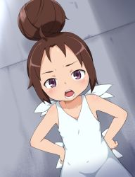 Rule 34 | 10s, 1girl, blush, brown hair, bubukka, character request, dress, hair bun, hands on own hips, looking at viewer, monster strike, open mouth, purple eyes, single hair bun, solo, white dress