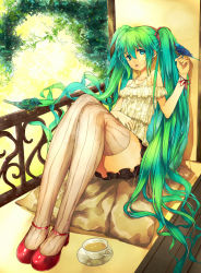 Rule 34 | 1girl, bird, cup, green eyes, green hair, hatsune miku, long hair, matching hair/eyes, modern afro, patterned legwear, red footwear, shoes, sitting, skirt, solo, striped clothes, striped thighhighs, teacup, thighhighs, twintails, vertical-striped clothes, vertical-striped thighhighs, very long hair, vocaloid