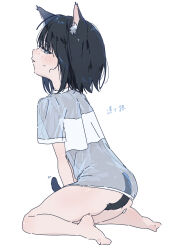 Rule 34 | 1girl, animal ear fluff, animal ears, ass, bare shoulders, between legs, black hair, blue eyes, blush, bottomless, cat ears, cat girl, cat tail, full body, highres, kneeling, looking at viewer, looking back, nude, original, shirt, short hair, sideways glance, simple background, sketch, solo, t-shirt, tail, tail between legs, usurai rairai, wet, wet clothes, wet shirt, white background