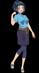 Rule 34 | 1girl, absurdres, apron, blue hair, blush, full body, highres, incredibly absurdres, light blue shirt, looking at viewer, open mouth, ponytail, purple eyes, sandals, shiroi suna no aquatope, short hair, smile, standing, teruya tsukimi, toes, uniform
