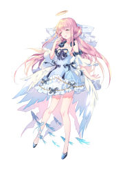 Rule 34 | 1girl, :d, absurdres, angel, angel wings, animal, ankle ribbon, bare shoulders, black bow, blue bow, blue dress, blue footwear, blue ribbon, blush, bow, breasts, cleavage, closed eyes, collarbone, dress, feathered wings, fingernails, fish, full body, halo, head tilt, highres, leg ribbon, long hair, medium breasts, open mouth, original, pink hair, ribbon, sample watermark, simple background, smile, solo, strapless, strapless dress, teeth, upper teeth only, very long hair, watermark, white background, white wings, wings, yuzhi