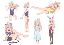 Rule 34 | 1girl, ahoge, animal ears, animal hands, ass, barefoot, bow, bowtie, cat ears, cat lingerie, cat paws, cat tail, colored inner hair, commentary, dress, fake animal ears, flat chest, full body, genderswap, genderswap (mtf), hair between eyes, highres, leotard, meme attire, mono79390757, multicolored hair, off shoulder, one-piece swimsuit, onii-chan wa oshimai!, open mouth, oyama mahiro, pantyhose, playboy bunny, rabbit ears, red bow, red bowtie, school swimsuit, simple background, smile, solo, standing, sundress, swimsuit, tail, two-tone hair, white background, wrist cuffs, yellow swimsuit