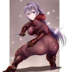 Rule 34 | 10s, 1girl, ass, bad id, bad pixiv id, breasts, cherry blossoms, dragon yukano, female focus, fighting stance, from behind, gloves, gradient background, high heels, japanese clothes, jilllxlxl, large breasts, long hair, looking back, ninja, ninja slayer, ninjatou, pantylines, purple eyes, purple hair, shadow, short sword, solo, squatting, sweatdrop, sword, very long hair, weapon