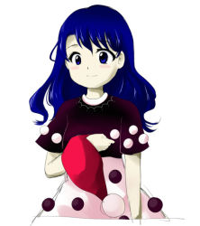 Rule 34 | 1girl, alternate hairstyle, blue eyes, blue hair, blush, blush stickers, doremy sweet, hair down, hat, unworn headwear, long hair, matching hair/eyes, nightcap, official style, pom pom (clothes), short sleeves, simple background, solo, touhou, uranaishi (miraura), white background, zun (style)