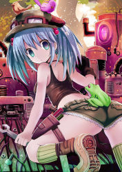 Rule 34 | 1girl, ass, bird, black gloves, blue eyes, blue hair, blush, bolt, breasts, cable, cutoffs, denim, denim shorts, frog, givuchoko, gloves, goggles, goggles on headwear, green socks, hair bobbles, hair ornament, hat, holster, kawashiro nitori, kneehighs, looking back, machine, matching hair/eyes, nut, nut (hardware), screwdriver, shoes, short hair, short shorts, shorts, small breasts, socks, solo, steam, striped clothes, striped socks, tank top, thigh holster, touhou, twintails, two side up, vertical-striped clothes, vertical-striped socks, wrench