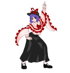 Rule 34 | 1girl, arm up, black footwear, black skirt, capelet, closed mouth, commentary, frilled capelet, frills, full body, highres, index finger raised, long skirt, long sleeves, looking at viewer, nagae iku, purple hair, red eyes, short hair, simple background, skirt, socks, solo, standing, touhou, user fgge2328, white background, white socks