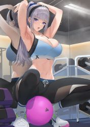Rule 34 | 1girl, armpits, arms up, ball, bare arms, bare shoulders, black pants, blue sports bra, breasts, cleavage, crop top, grey hair, gym, hair ornament, hair scrunchie, headband, highres, large breasts, long hair, looking at viewer, mhk (mechamania), midriff, navel, nike (company), open mouth, original, pants, ponytail, purple eyes, reflection, scrunchie, shoes, skindentation, sleeveless, sneakers, socks, solo, spaghetti strap, sports bra, squatting, stomach, sweat, thighs, trembling, white footwear, white socks, yoga pants