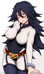 Rule 34 | 1girl, :q, belt, between breasts, black hair, black leotard, black thighhighs, blue eyes, bodysuit, boku no hero academia, breastless clothes, breasts, brown belt, covered erect nipples, cowboy shot, cuffs, dominatrix, domino mask, garter straps, hair between eyes, hand on own hip, highleg, highleg leotard, highres, large breasts, leotard, long hair, looking at viewer, mask, midnight (boku no hero academia), shymiruku, simple background, smile, solo, spiked hair, superhero costume, thighhighs, tongue, tongue out, very long hair, white background, white bodysuit