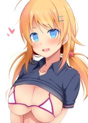 Rule 34 | 1girl, :d, bikini, bikini top only, bikini under clothes, black shirt, blue eyes, blush, breasts, clothes lift, collarbone, collared shirt, commentary request, covered erect nipples, hachimiya meguru, hair ornament, hairclip, highres, idolmaster, large breasts, long hair, looking at viewer, low twintails, micro bikini, micro bikini top, open mouth, orange hair, original, pink lips, shirt, shirt lift, short sleeves, simple background, skindentation, smile, solo, star (symbol), star hair ornament, strap gap, string bikini, swimsuit, takeyuu, teeth, twintails, underboob, upper body, upper teeth only, v arms, white background, white bikini