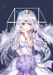 Rule 34 | 1girl, azur lane, bad id, bad pixiv id, bouquet, breasts, bridal veil, cleavage, collarbone, commentary request, crown, dress, earrings, enterprise (azur lane), enterprise (starlight oath) (azur lane), flower, hair between eyes, highres, holding, holding bouquet, jewelry, long hair, looking at viewer, mini crown, necklace, night, night sky, official alternate costume, purple eyes, purple flower, purple rose, rose, ruda (ruda e), sidelocks, silver hair, sky, smile, solo, star (sky), starry sky, strapless, strapless dress, tearing up, tears, twitter username, veil, white dress, window, wiping tears