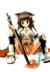 Rule 34 | 1girl, animal ears, armor, armored dress, long hair, lord knight (ragnarok online), orange skirt, ragnarok online, skirt, sword, thighhighs, weapon, yamishin