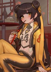 Rule 34 | 1girl, @ @, bandaid on stomach, baozi, basket, black survival, blunt bangs, blush, bottle, breasts, brown hair, chopsticks, commentary, commission, covered erect nipples, double bun, english commentary, food, hair bun, highres, holding, jacket, li dailin, long hair, long sleeves, looking at viewer, midriff, mouth hold, navel, open clothes, open jacket, pants, pixiv commission, sake bottle, shirt, sitting, small breasts, solo, sparrowl, very long hair, white shirt, yellow eyes, yellow jacket, yellow pants