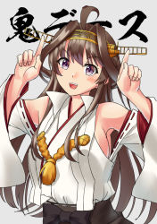 Rule 34 | 1girl, ahoge, brown hair, commentary request, detached sleeves, double bun, grey background, hair bun, hairband, headgear, index finger raised, japanese clothes, kantai collection, kongou (kancolle), kongou kai ni (kancolle), long hair, mayura (lucadia), ribbon-trimmed sleeves, ribbon trim, simple background, solo, translation request, upper body