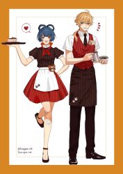 Rule 34 | 1boy, 1girl, :d, ahoge, apron, artist name, bandaid, bandaid on knee, bandaid on leg, black apron, black footwear, black necktie, black pants, black shirt, blonde hair, blue hair, blunt bangs, blush, border, braid, braided hair rings, buttons, cake, cake slice, coffee, coffee pot, collared shirt, commentary request, crossed bandaids, crossed bangs, cup, dark blue hair, double-breasted, double-parted bangs, eyelashes, food, genshin impact, green eyes, guoba (genshin impact), hair between eyes, hair ornament, hair over shoulder, hairclip, hand on own hip, hand up, heart, highres, holding, holding coffee pot, holding cup, holding tray, kimagure (kimagure 1618), leg up, long hair, looking at viewer, neckerchief, necktie, notice lines, open mouth, orange border, pants, parted lips, paw print, pinstripe pattern, puffy short sleeves, puffy sleeves, red neckerchief, red skirt, red vest, shirt, shoes, short eyebrows, short hair, short sleeves, simple background, skirt, smile, speech bubble, spoken heart, standing, standing on one leg, striped apron, striped clothes, striped shirt, striped skirt, striped vest, taroumaru (genshin impact), teeth, thick eyebrows, thoma (genshin impact), tray, twin braids, twitter username, upper teeth only, vertical-striped apron, vertical-striped clothes, vertical-striped shirt, vertical-striped skirt, vertical-striped vest, vest, waist apron, white apron, white background, white shirt, wing collar, xiangling (genshin impact), yellow eyes