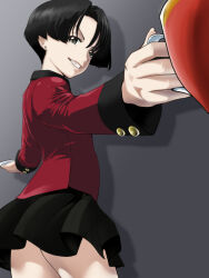 Rule 34 | 1girl, ass, black skirt, blunt bangs, boots, cup, earrings, girls und panzer, girls und panzer saishuushou, grin, highres, holding, holding cup, jewelry, pleated skirt, skirt, smile, st. gloriana&#039;s military uniform, st. gloriana&#039;s student (girls und panzer saishuushou), vanilla (girls und panzer), yoyokkun