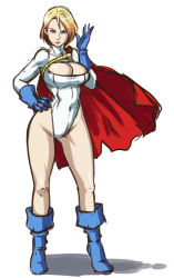 Rule 34 | 1girl, alien, animification, blonde hair, blue eyes, blue footwear, blue gloves, boots, breasts, butcha-u, cape, cleavage, cleavage cutout, clothing cutout, dc comics, full body, gloves, kryptonian, large breasts, leotard, power girl, red cape, shoes, solo, superman (series)