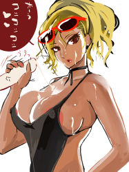 1girl areola_slip bare_shoulders blonde_hair breasts brown_eyes choker cleavage cum cum_on_body cum_on_breasts cum_on_upper_body dark_skin eyewear_on_head facial huge_breasts lips looking_at_viewer nail_polish neck_ribbon nipples ponytail ribbon sunglasses translation_request white_background yunioshi