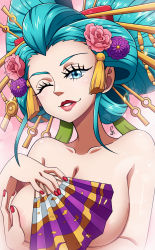 Rule 34 | 1girl, breasts, covering privates, covering breasts, dmy-gfx, fan, flower ornament, grin, hair ornament, highres, kouzuki hiyori, large breasts, lipstick, makeup, oiran, one piece, smile, tagme, topless, aqua hair