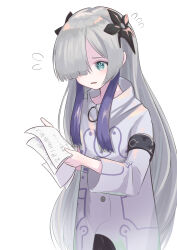 Rule 34 | 1girl, absurdres, aqua eyes, armlet, black flower, cevio, coat, cowboy shot, dot nose, flower, flower-shaped pupils, flying sweatdrops, frown, grey hair, hair flower, hair ornament, hair over one eye, highres, holding, holding paper, long hair, long sleeves, misho39, multicolored hair, paper, parted lips, purple hair, sekai (cevio), simple background, solo, standing, streaked hair, symbol-shaped pupils, two-tone hair, white background, white coat, zipper pull tab