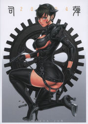 Rule 34 | 1girl, ass, boots, breasts, bullet, gears, green eyes, green hair, high heel boots, high heels, highres, large breasts, leather, matching hair/eyes, miniskirt, shoes, sideboob, skirt, solo, thigh boots, thighhighs, tsukasa jun