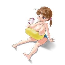 Rule 34 | 1girl, barefoot, blush, bottle, breasts, brown eyes, brown hair, bursting breasts, camisole, cleavage, deep skin, feet, female focus, full body, hair ornament, huge breasts, legs, low twintails, mo dame kuuki, oppai loli, parted lips, short hair, short shorts, shorts, simple background, sitting, soles, solo, sweatdrop, thighs, toes, twintails, white background