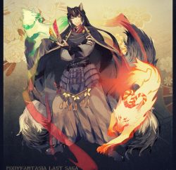 Rule 34 | 1boy, animal ears, arm warmers, armor, bad id, bad pixiv id, black cape, black footwear, black hair, brown background, cape, copyright name, crossed arms, floral background, fox, fox ears, fox tail, japanese armor, long hair, looking at viewer, male focus, pixiv fantasia, pixiv fantasia last saga, red eyes, rererenoren, simple background, solo, standing, tail, very long hair