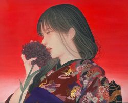 Rule 34 | 1girl, 2022, black flower, black hair, chihiro muramatsu, chinese zodiac, flower, grey eyes, hair behind ear, hand up, highres, japanese clothes, kimono, leaf, long hair, nail polish, original, pink nails, plant, print kimono, red background, solo, tongue, tongue out, year of the tiger