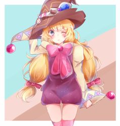 Rule 34 | 1girl, beryl benito, blonde hair, blush, brown hat, cowboy shot, hair ornament, hat, long hair, one eye closed, open mouth, pink thighhighs, purple eyes, ribbon, socks, solo, tales of (series), tales of hearts, thighhighs, wide sleeves
