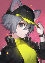 Rule 34 | 1girl, adjusting clothes, adjusting headwear, animal ears, arknights, artist name, baseball cap, black hat, black jacket, blouse, blue eyes, click (arknights), commentary request, grey hair, hat, highres, jacket, long sleeves, mouse ears, open clothes, open jacket, parted lips, pink background, shirt, short hair, solo, spade-m, two-tone headwear, watch, yellow hat, yellow shirt